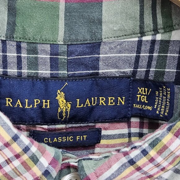 Ralph Lauren Button-Down Shirt Green Blue Paid Classic Fit Men's Size XLT Tall - Picture 3 of 10